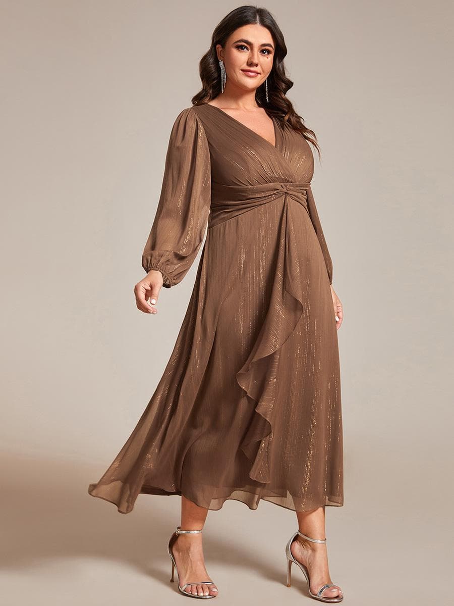 Ever-Pretty Women's Plus Size Shiny Chiffon Long Sleeve Wedding Guest Dress Twist Knot A-Line Evening Dresses 5XL chocolate brown