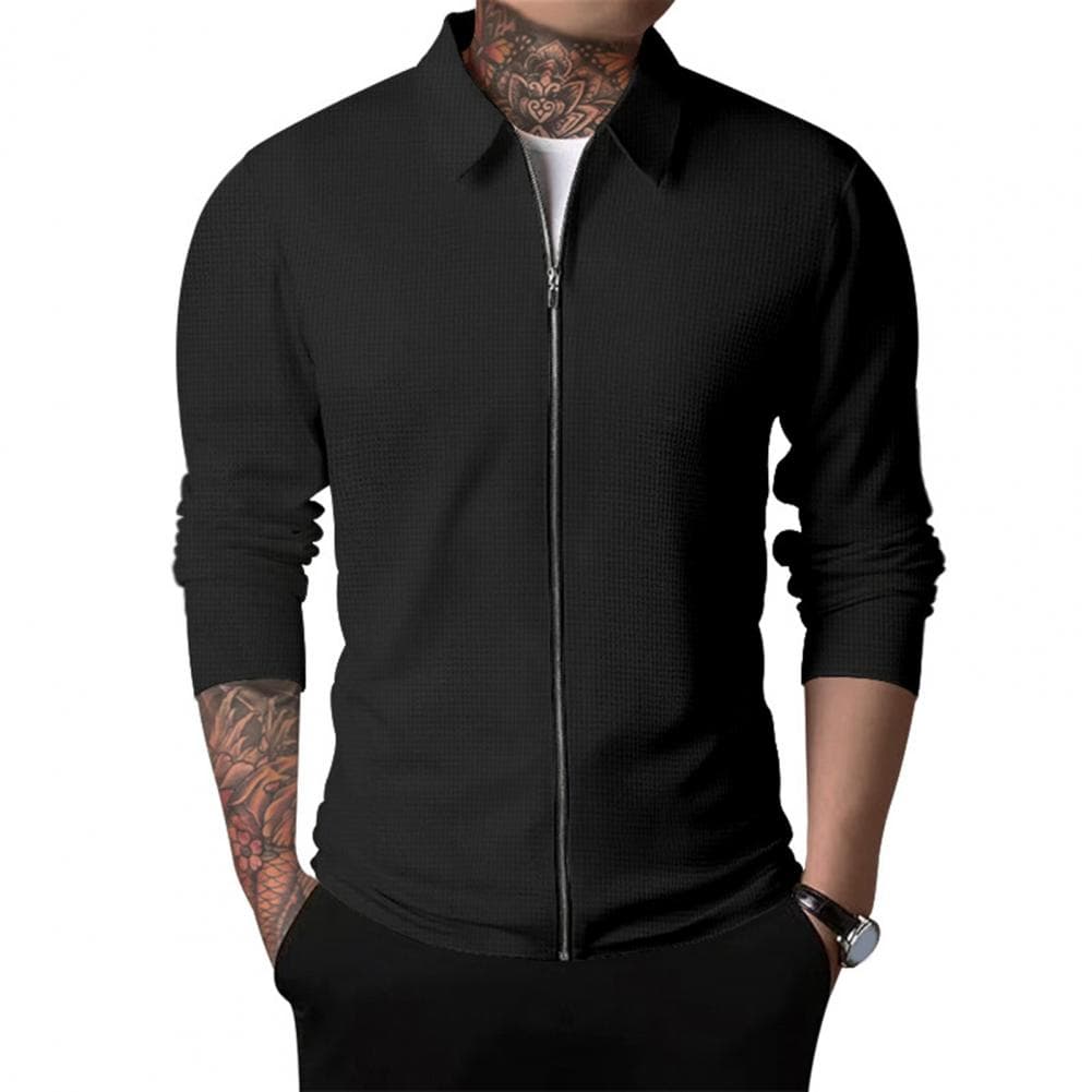 Spring Autumn Men Lapel Long Sleeve Coat Waffle Texture Side Pockets Zipper Placket Slim Fit Jacket Outwear Streetwear L black