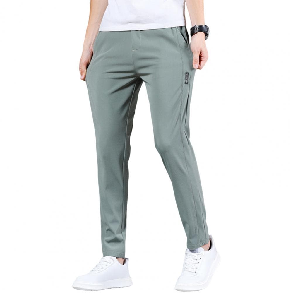Men Pants Ice Silk Elastic Waist Solid Color Button Zipper Closure Slim Fit Thin Ankle Length Sport Trousers Daily Casual Long T 30 light green