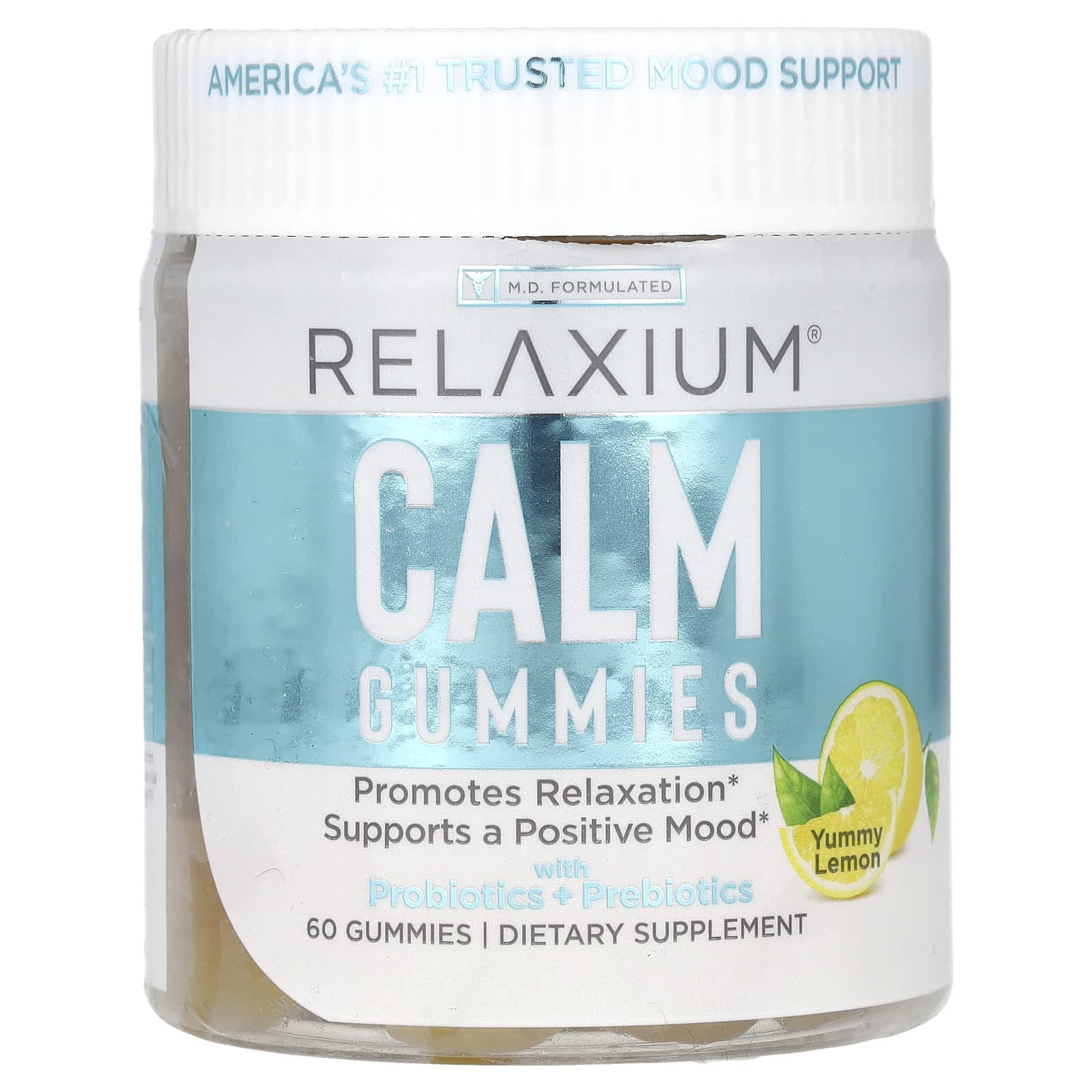 Relaxium, Calm gummies containing probiotic + prebiotic, delicious lemon flavor, 60 gummies