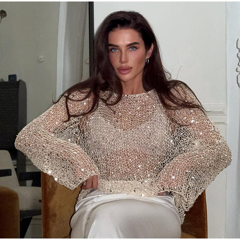 Elegant Women's Sequins Hollow Out Pullover Loose Knit O-neck Long Sleeve Female Sweater 2025 Spring Summer Lady Sexy Glitter Pullovers L champagne