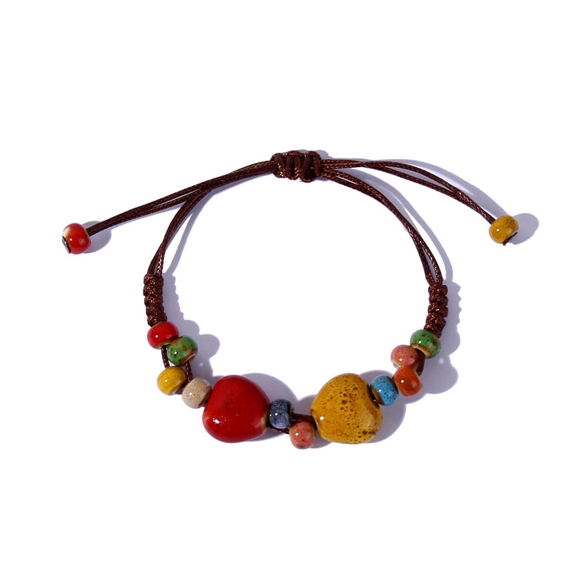 Ethnic style heart-shaped ceramic handmade bracelet Rainbow irregular woven bracelet Fashion beaded adjustable bracelet 24cm alizarin crimson