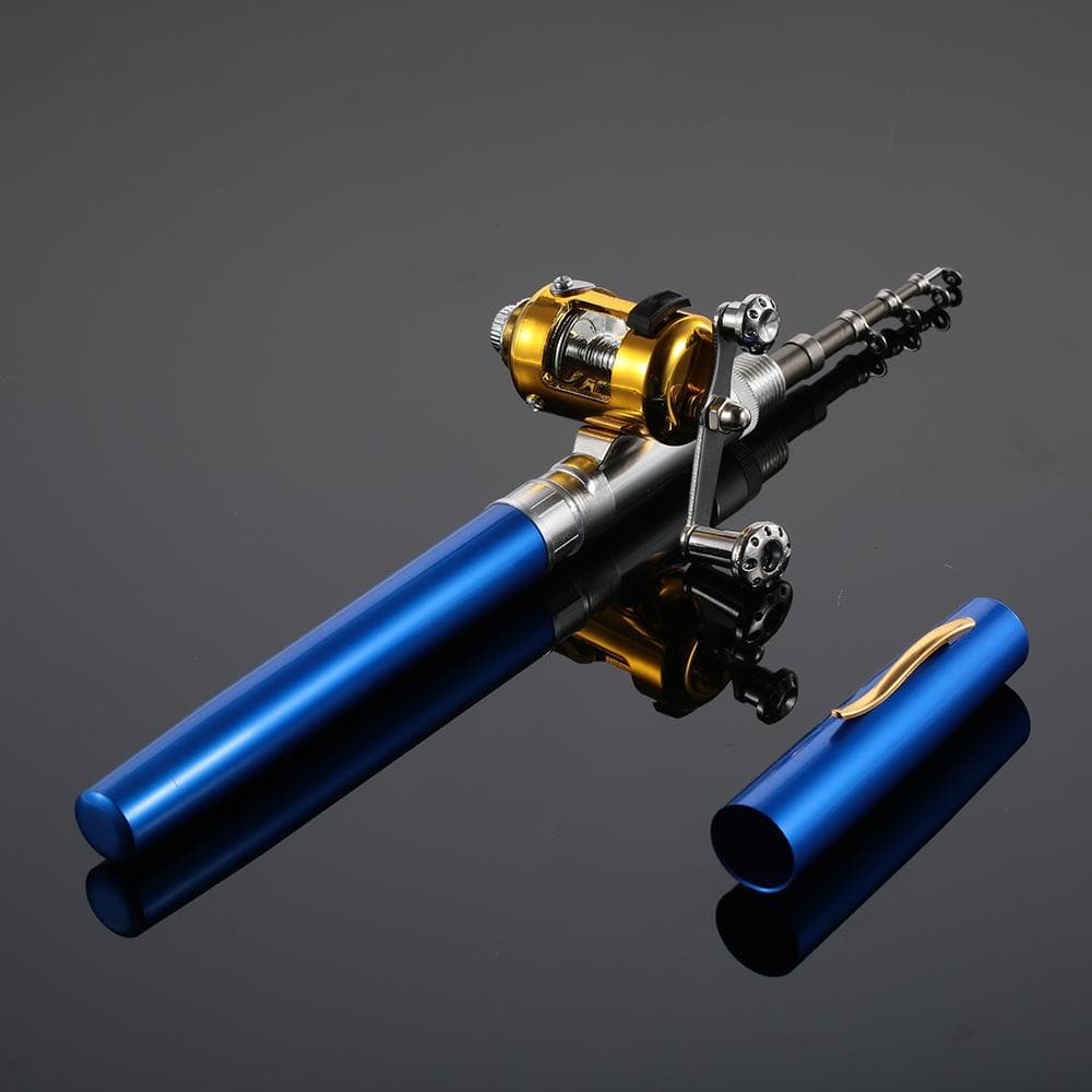Fishing Rod Reel Combo Kit Set Mini Telescopic Portable Pocket Pen Fishing Rod Pole + Reel blue