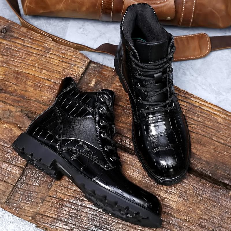 Season's New Retro Imitation Crocodile Leather Men's Shoes Leather Shoes Fashion Men's Mid-top Boots Martin Boots Men 48 black