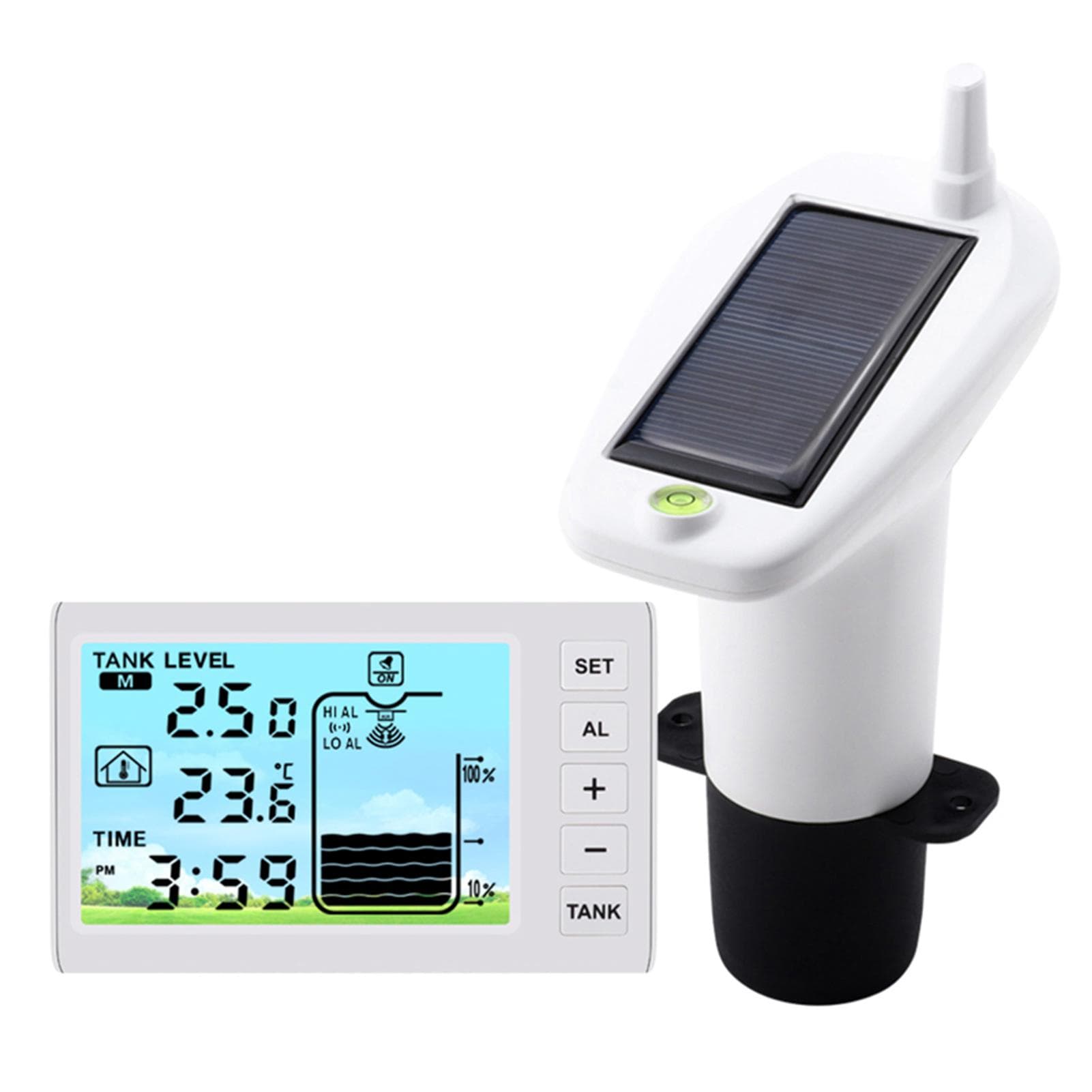 Wireless Ultrasonic Water Level Monitor Tank Liquid Level HighLow Alarm Solar Powered Water Level white