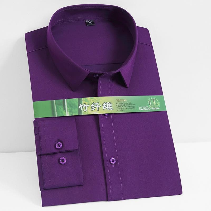 Men's Classic Long Sleeve Stretch Bamboo Fiber Basic Dress Shirt Pocketless Standard-fit Business Work Office Easy-Care Shirts 39 purple