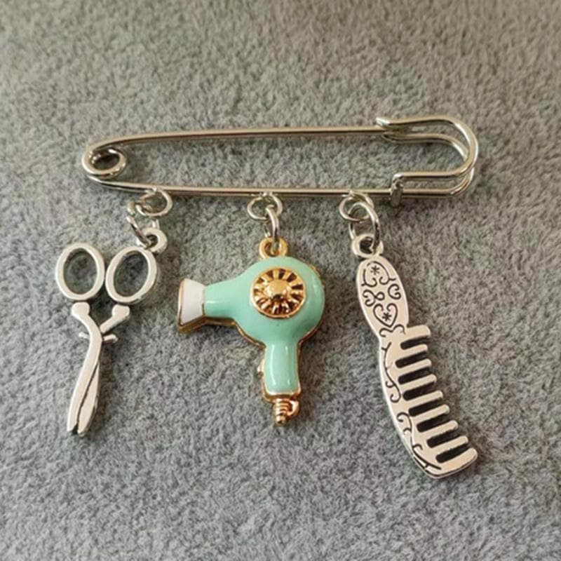 New Creative Fashion Designer Brooch Jewelry Hairdressing Scissors Comb Hair Dryer Pendant Brooch Gifts mint green