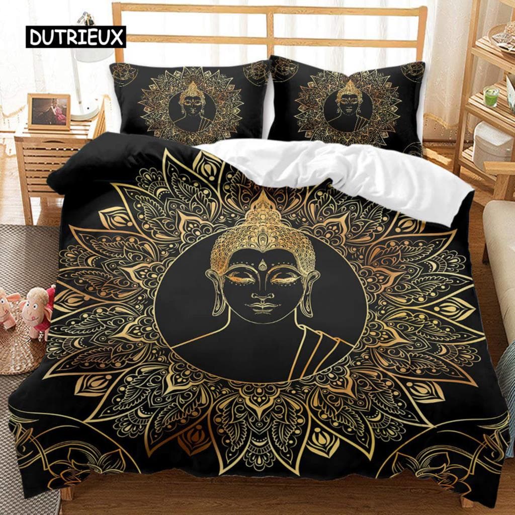 Buddha Duvet Cover Set King Size Golden Mandala Asian Culture Theme Bedding Set Microfiber Exotic Retro Style Comforter Cover AU Single(140x210cm)