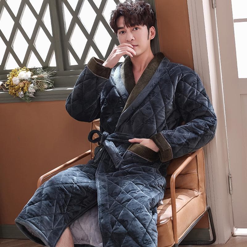 Thick 3 Layers Warm Winter Bathrobe Men Soft Flannel Quilted Long Kimono Bath Robe Male Dressing Gown for Mens Coral Fleece Robe 3XL