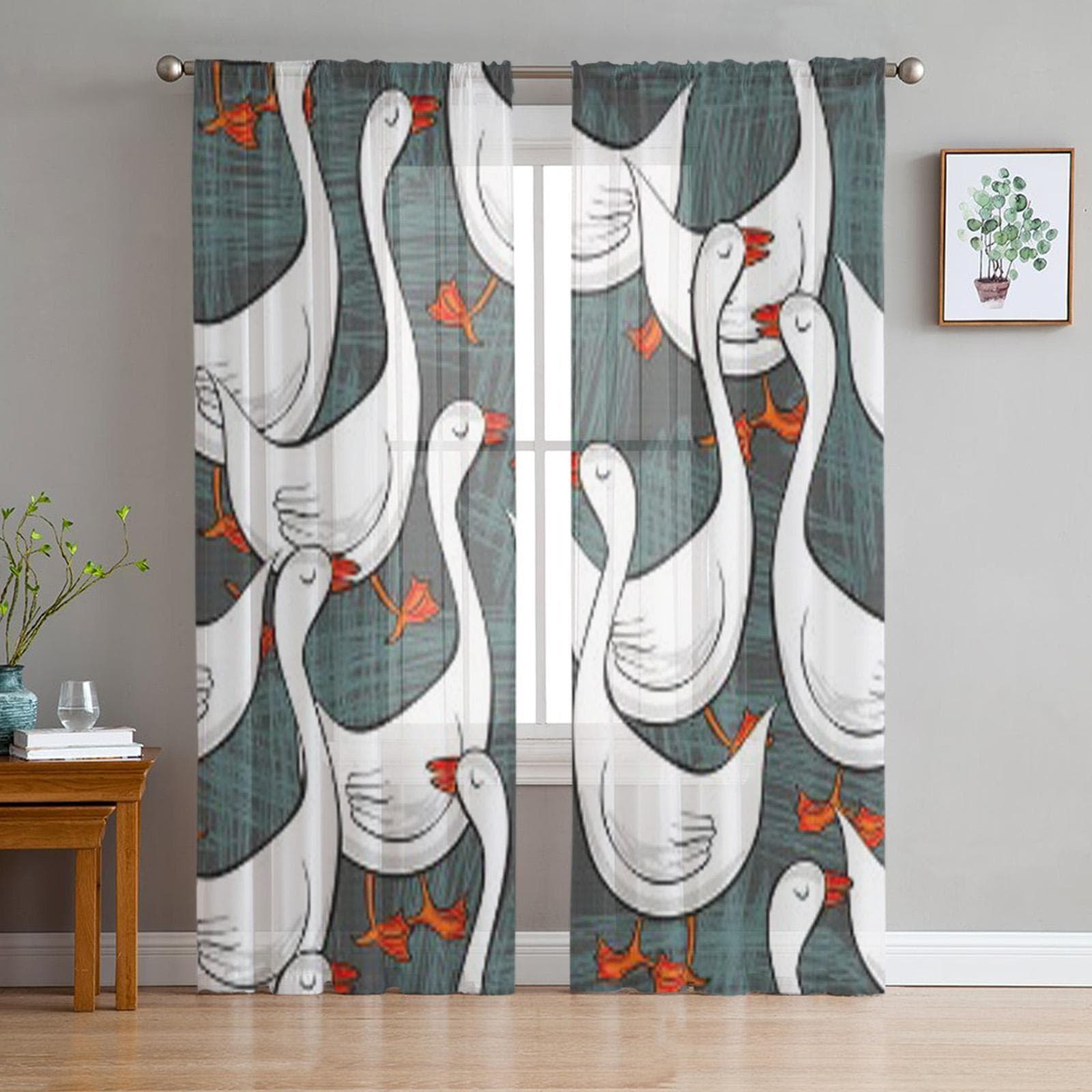 White Gooses Free Run On Sunny Sheer Curtains for Living Room Transparent Tulle Window Curtain Bedroom Kitchen Decor Veil Drapes 135W x 114H(cm)
