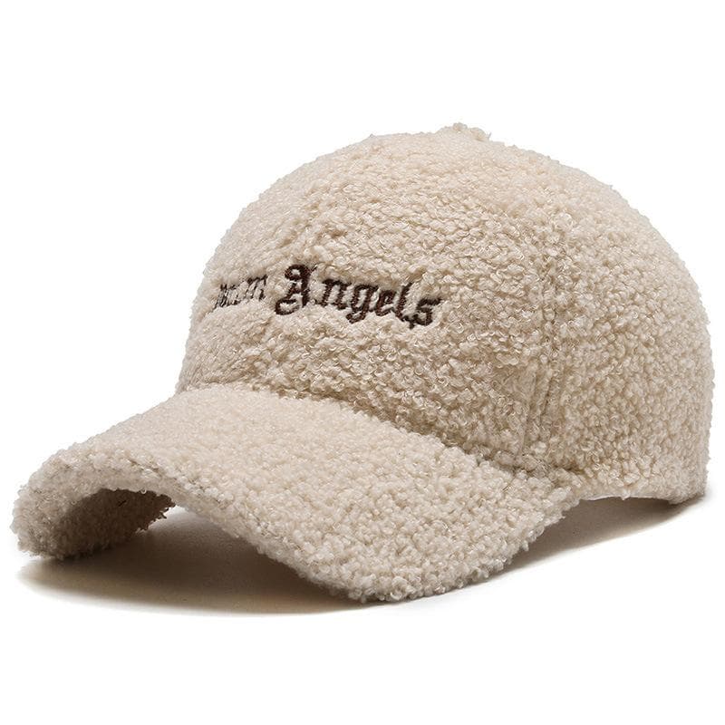 Winter Lamb Fur Hat Baseball Cap Letter Embroidery Women Hat Lady Girls Outdoor Warm Plush Caps beige