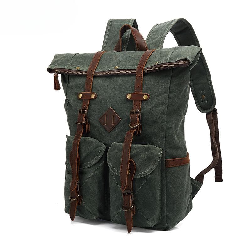 Backpack Student Backpack Retro Travel Backpack Outdoor Sports Waterproof Waxed Canvas Travel Bag with Leather black