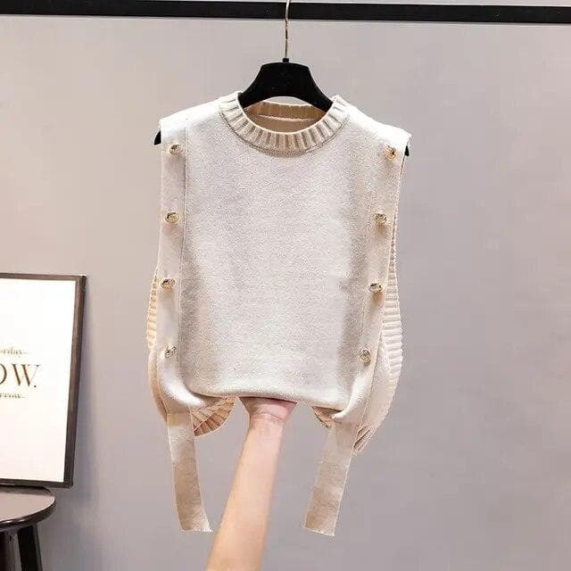 Women's Waistcoat Spring Autumn Outer Wear Pullover Sweater Fashion Casual Ladies Sleeveless Round Neck Knitted Top One Size white