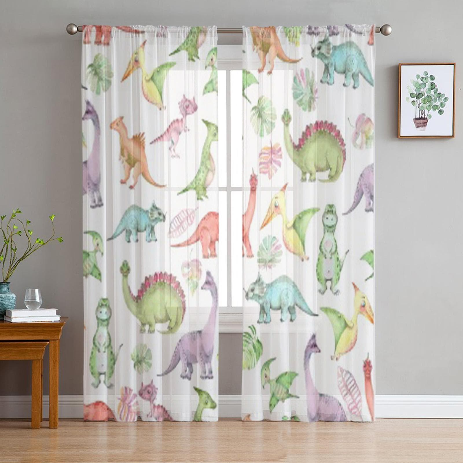 Watercolor Dinosaur Sheer Curtains for Living Room Transparent Tulle Window Treatments Bedroom Kitchen Home Decor Veil Drapes 135W x 114H(cm)