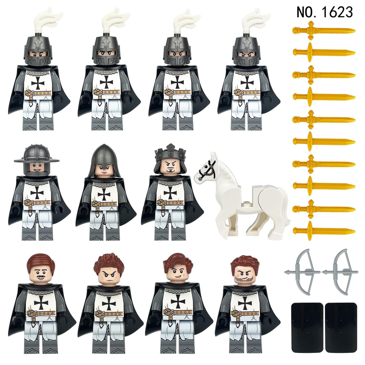 1622 Medieval Soldier Small Particle Cartoon Knight Regiment Figure White Horse Shield Accessories