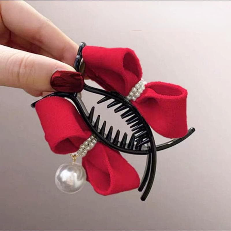 Delicate Velvet Bow Bun Hair Clip Large Premium Hair Clip French Pearl Back Hair Clip red