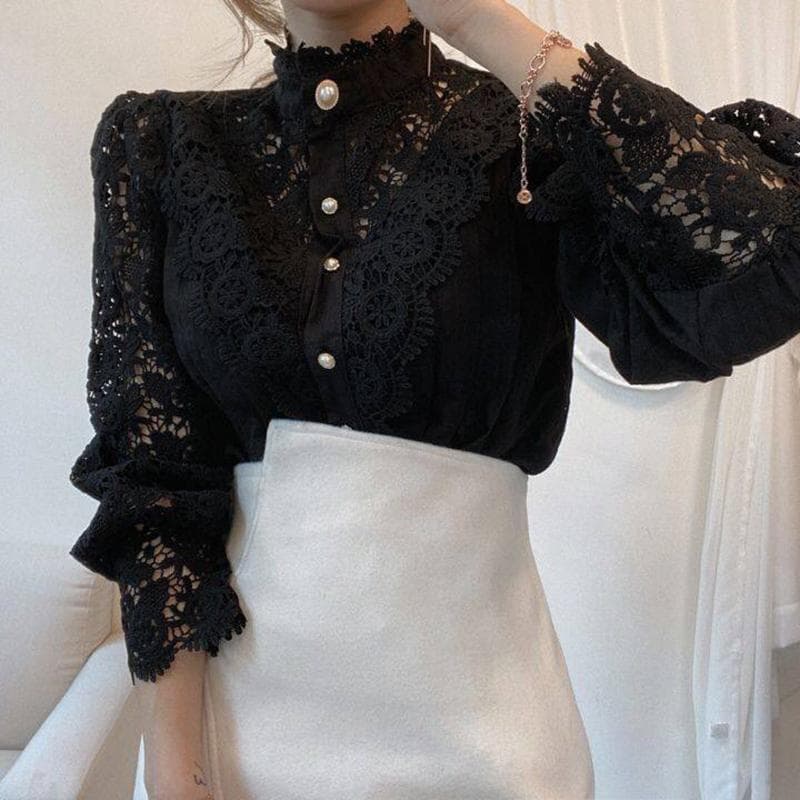 Women Lace Blouses Petal Sleeve Women Blouse Chic Button Hollow Out Flower Lace Patchwork White Shirt Top Female Clothing S black