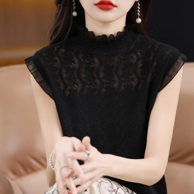 Summer Sleeveless Knitted Blouse Women Ruffled Stand Organza Spliced Women Shirt Solid Slim Embtoidery Lace Tank Tops 27218 One Size black