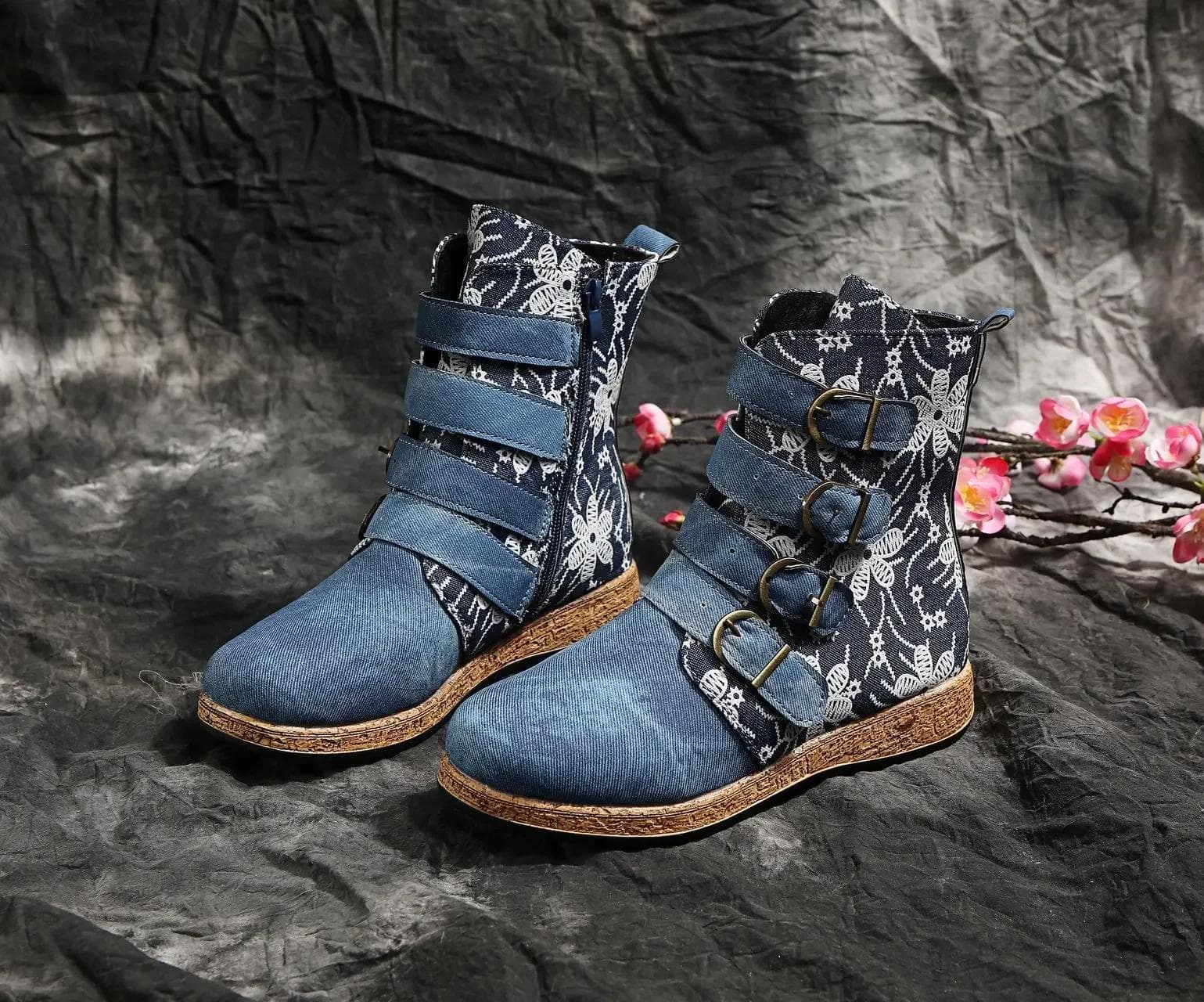 Fashion Women Ankle Boots Autumn New Retro Ethnic Style Printed Metal Buckle Soft Leather Zipper Short Boots Shoes Botines Mujer 39 blue