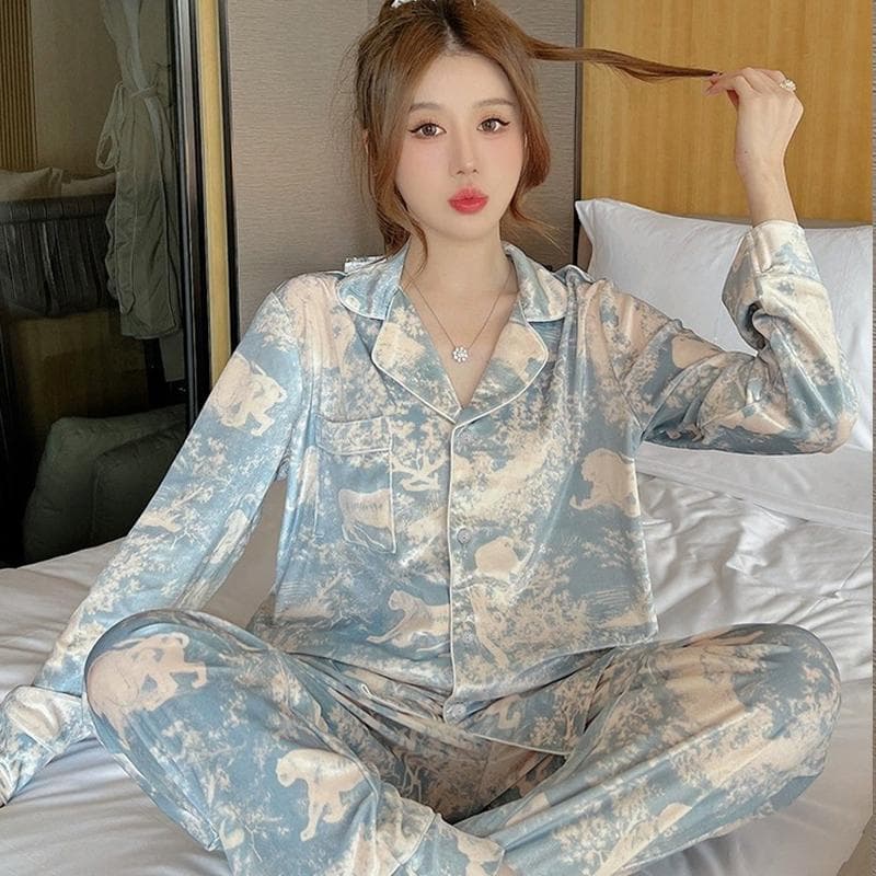 Spring Autumn New Soft Clothes Sets Lapel Button Cardigan Women Sets Luxury Two Pieces Blue Women Pajama XXL