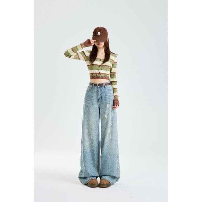 Washed and Worn Denim Wide-leg Pants for Women In Autumn Wide-leg Jeans for Women In Autumn High Waist Slimming Ripped Jeans for Women In Autumn 2XL