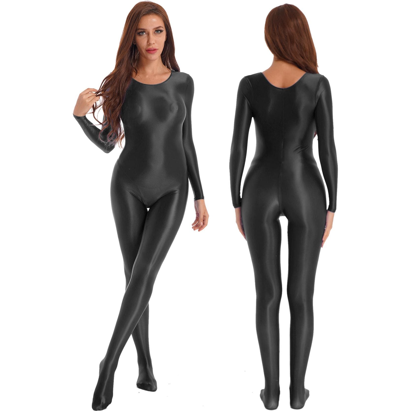 Womens Glossy Smooth Full Body Leotard Bodysuit Jumpsuit Long Sleeve Bodystocking for Sports Fitness Rave Party Clubwear XL black