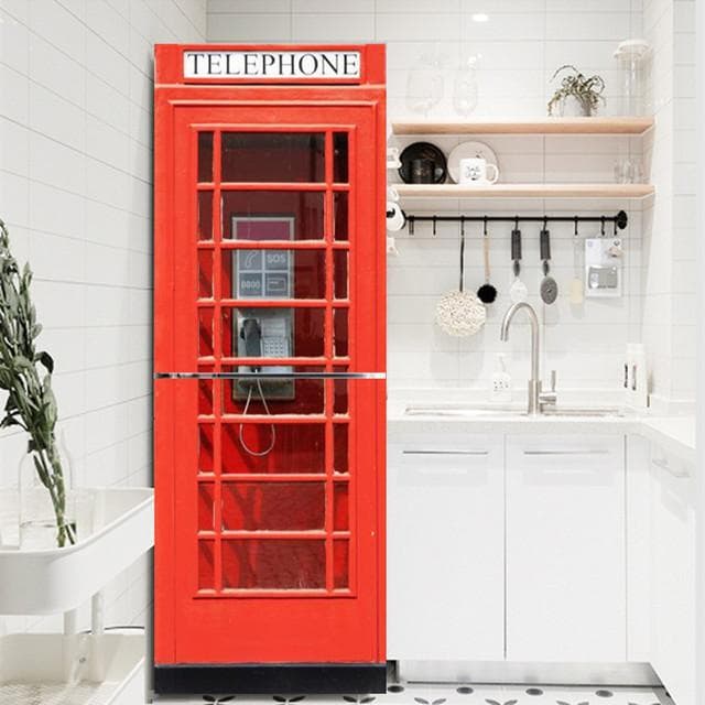 Red Yellow Blue Phone Booth Police PVC Refrigerator Door Sticker Waterproof Self-adhesive Poster Fridge Wallpaper Decor Decals 40x120cm(1 pcs)