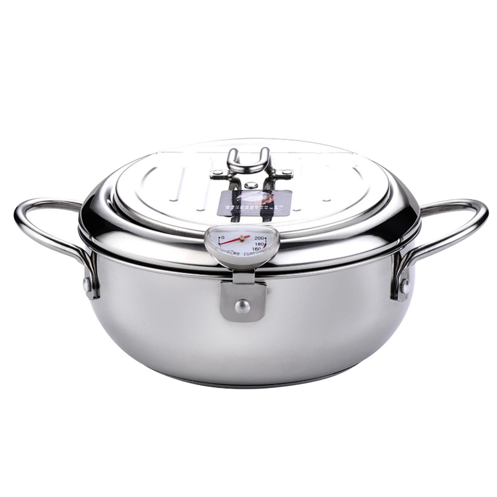 Deep Fryer Pot Stainless Steel Japanese Style Fryer with a Thermometer and Oil Drip Drainer Rack silver