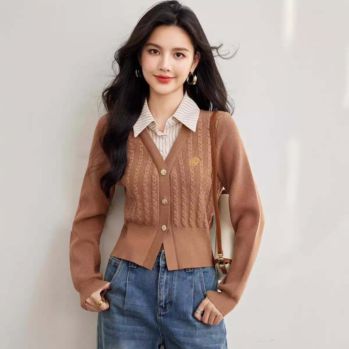 Fake Two-piece Sweater for Women In Autumn Embroidery Double-layer Collar Texture and Age-reducing Top XL brown