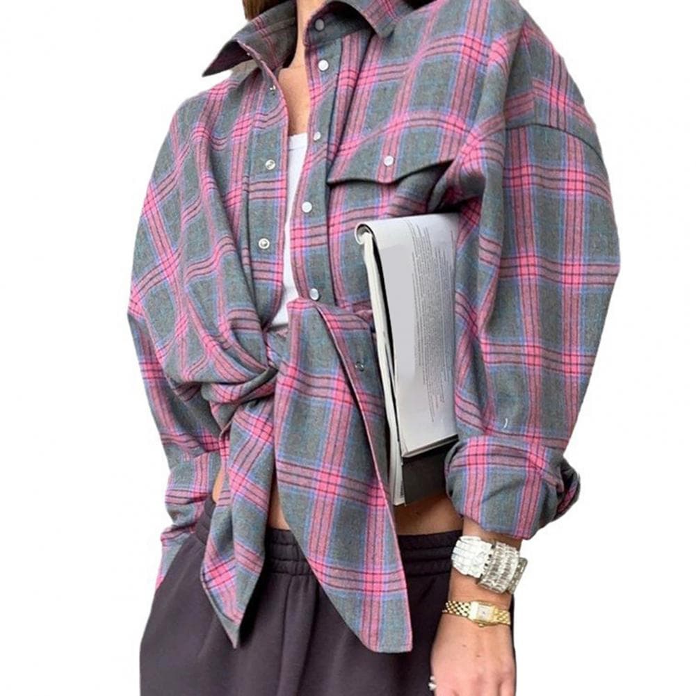 Women Shirt Lapel Long Sleeve Flap Pockets Single Breasted Shirt Plaid Print Loose Fit Breathable Comfortable Casual Fit Shirt XXL pink