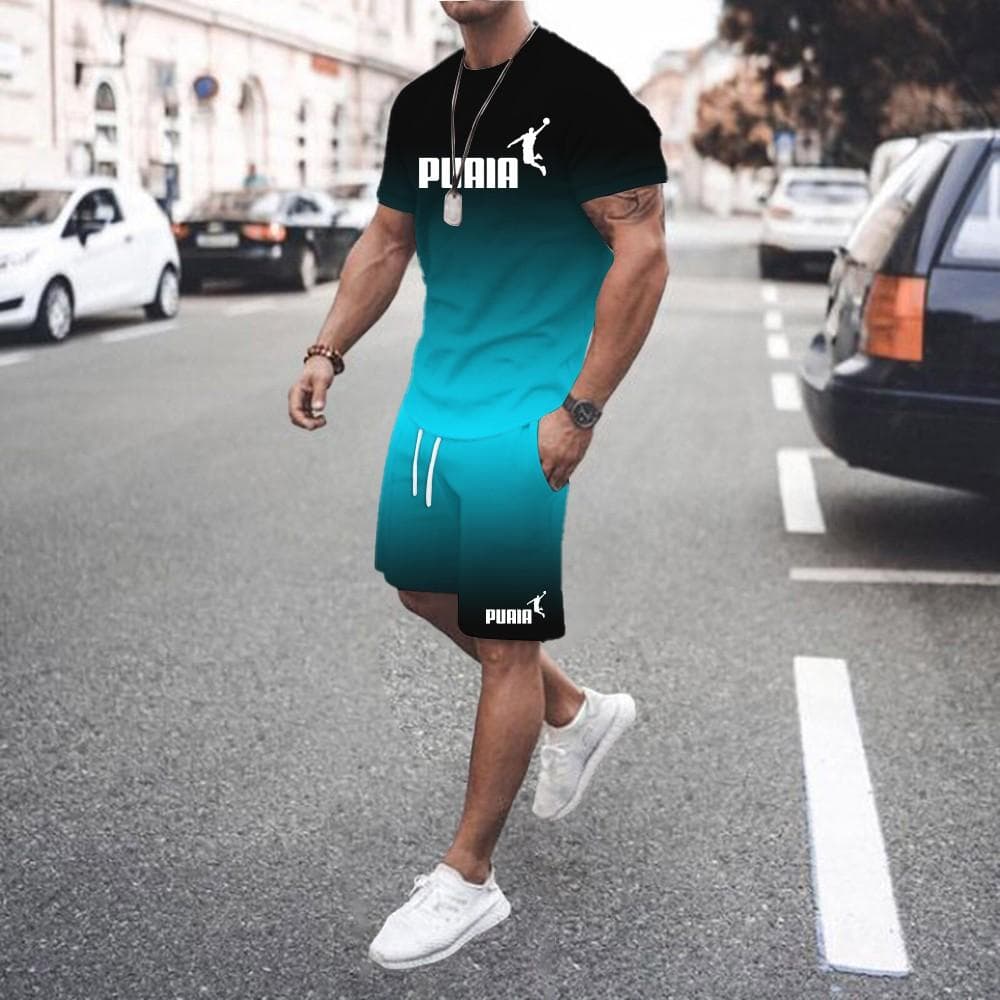 Summer hot sale men's 3D men's gradient suit fashionable casual men's short-sleeved T-shirt + shorts two-piece sportswear set XL