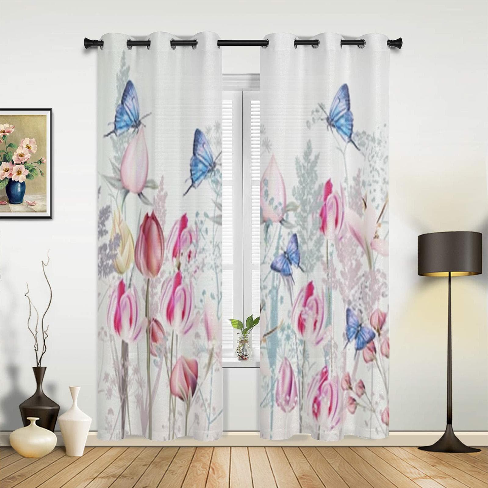 Pink Tulip And Butterflies Window Curtains For Living Room Bedroom Luxury Modern Kitchen Curtains Fabric Drapes 135W x 60H(cm) x1
