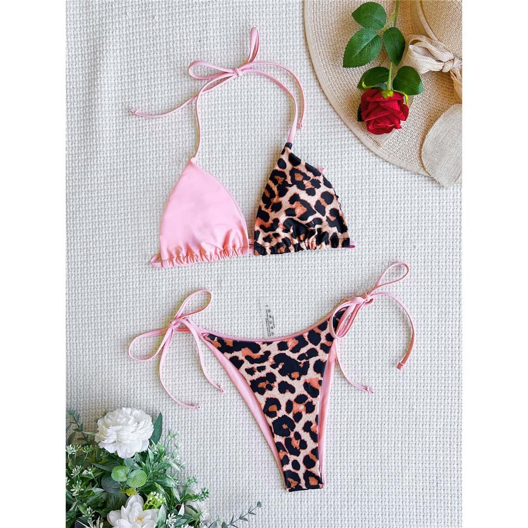 10 Colors Splicing Halter Leopard Bikini Female Swimsuit Women Swimwear Two-pieces Bikini set Bather Bathing Suit Swim Lady L leopard/pink