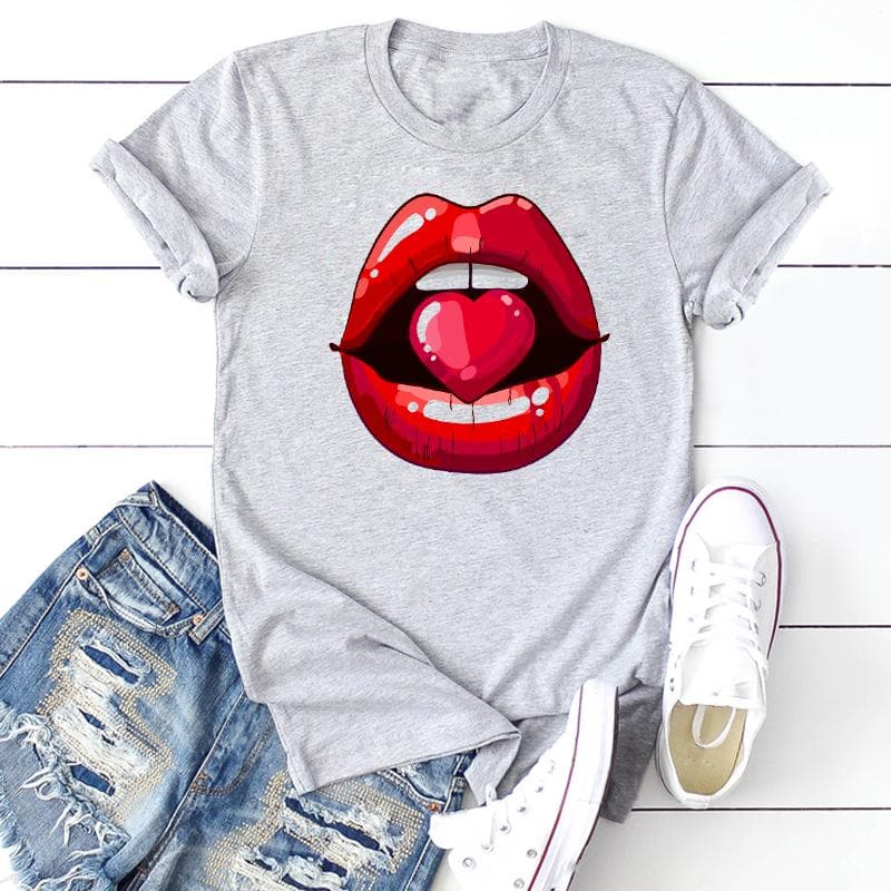 (Asian size) Short Sleeve Lip Love Sexy Trend Cute Lovely Women's Print Tee Top Summer Fashion Tshirt Woman Female Basic T Clothing Graphic T-shirts S