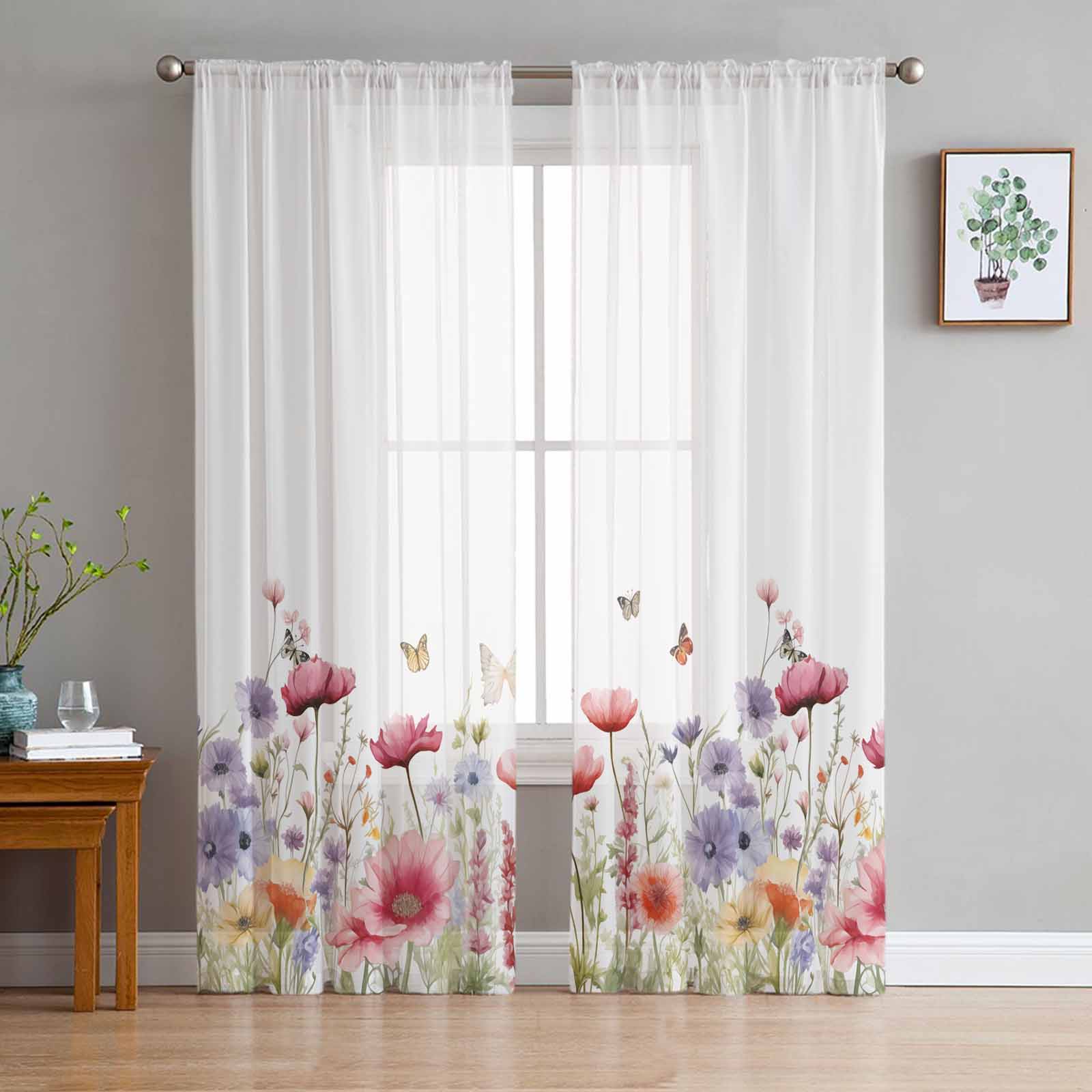 Watercolor Flowers Plants Butterflies Lavender Daisies Tulle Window Curtains Bedroom Luxury Drapes in Living Room Chiffon Panels 135W x 114H(cm)