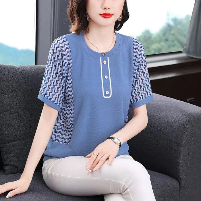 Short-sleeved T-shirt for Women's Summer New Style Middle-aged Mother T-shirt with Large Size Fat Mm Loose Fashionable Top 4XL blue