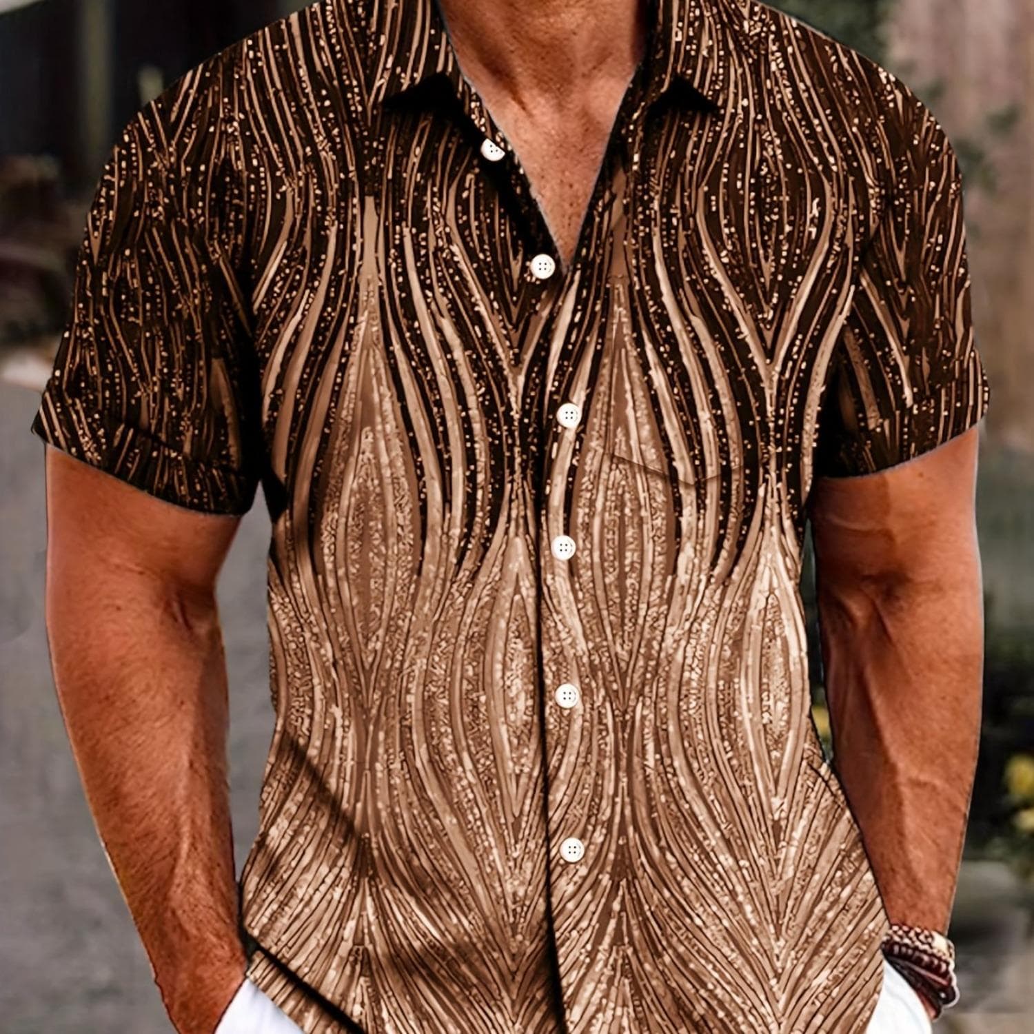 Fashionable retro texture gradient printed men's button pocket short sleeved shirt L