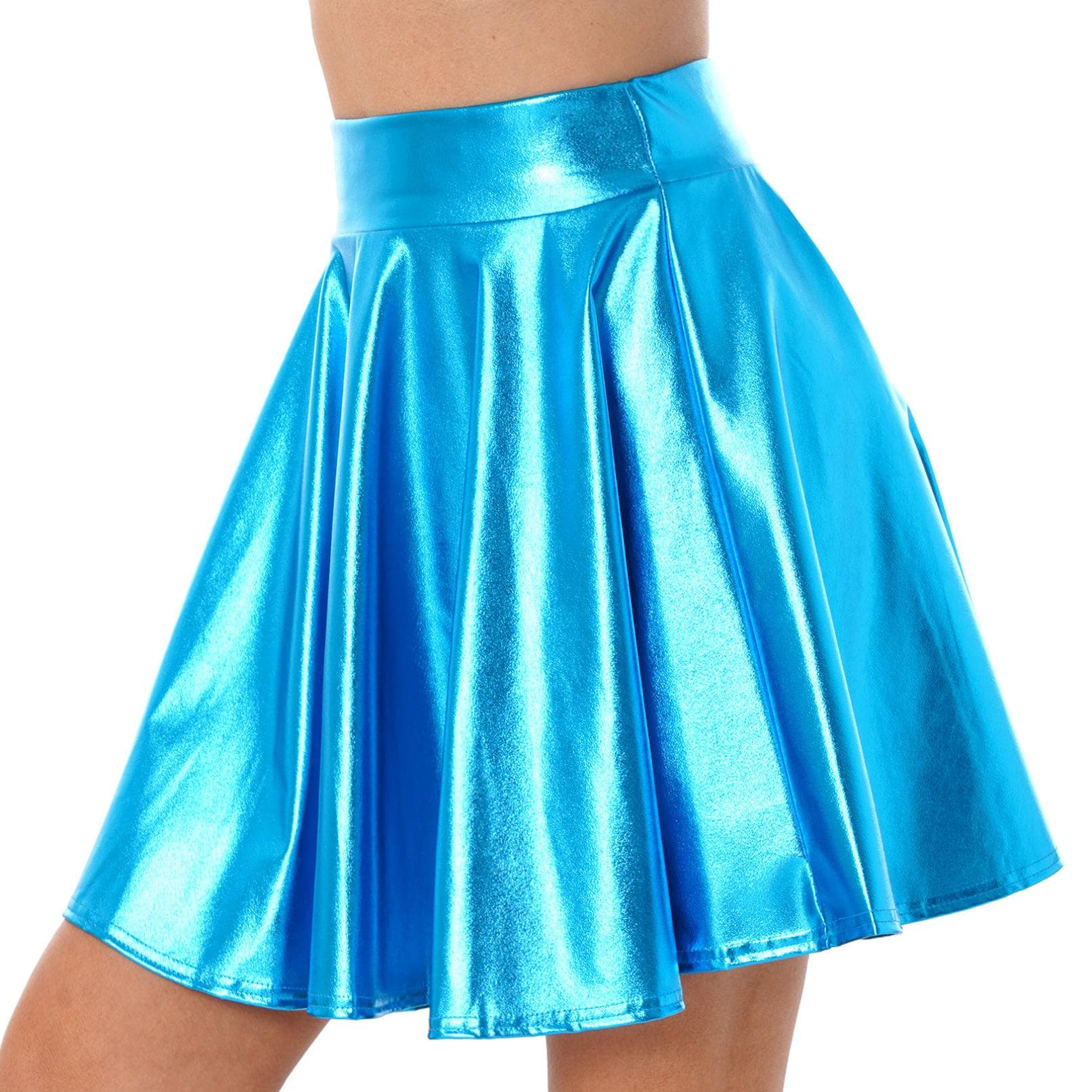 Women's Glossy High Waist Flare Skirt Shiny Metallic Ruffle Costume Party Dancewear XL sky blue