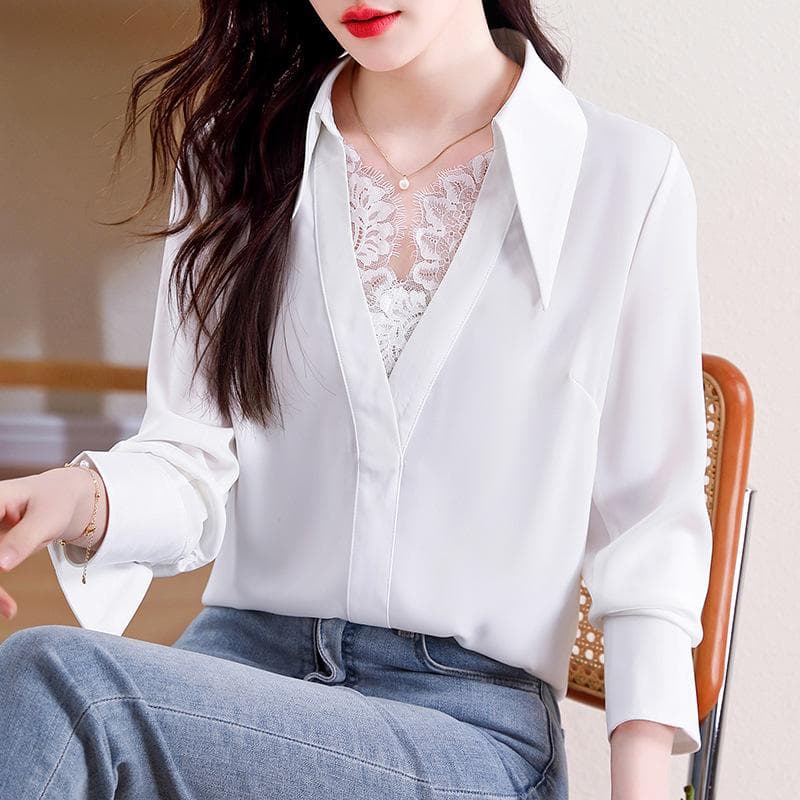 New Temperament Polo Neck Chiffon Long-sleeved Shirt for Women Lace Fake Two-piece White Commuting Shirt 3XL white