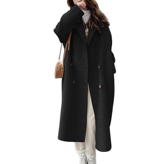 Women's Coat Double-Breasted Lapel Stylish Warm Mid-Length Double Pockets Winter Coat Lady Accessories XL black