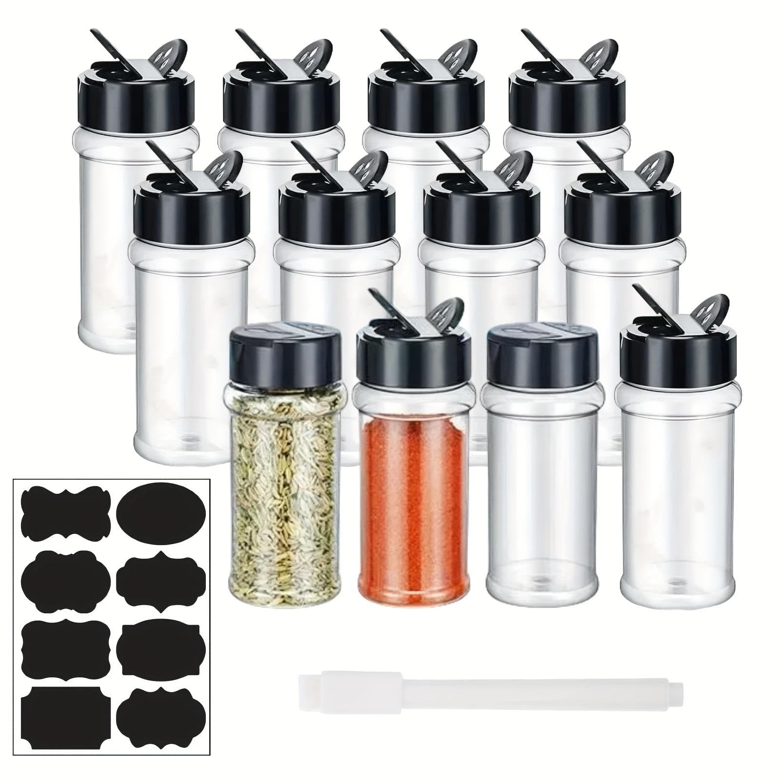 Leak-proof PET Containers for Spices and Herbs - Set of 12 Clear Plastic Jars (3 oz) with Shaker Lids, Labels, and Funnel - BPA-Free and Dishwasher 12 pieces