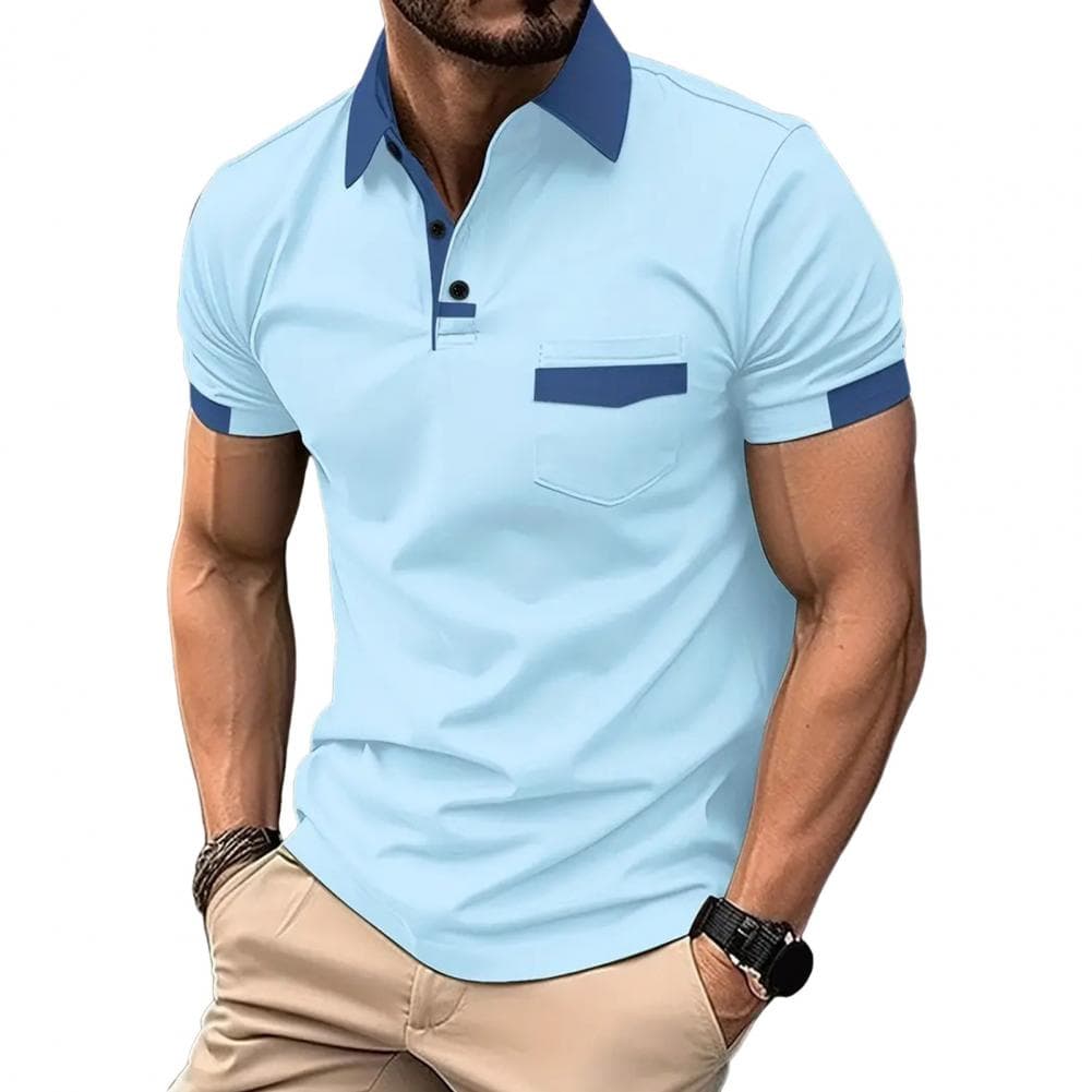 Summer Men Top Turn-down Collar Short Sleeve Slim Fit Chest Pocket Button Contrast Color Casual Daily Formal Business Style Shir S light blue