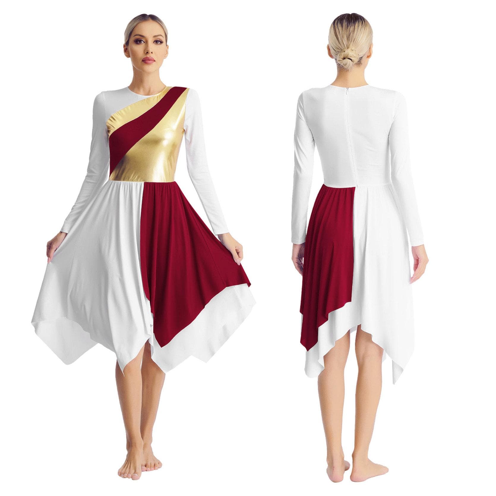 Womens Liturgical Lyrical Dance Dress Long Sleeve Metallic Contrast Color Asymmetrical Dresses Worship Performance L burgundy/white