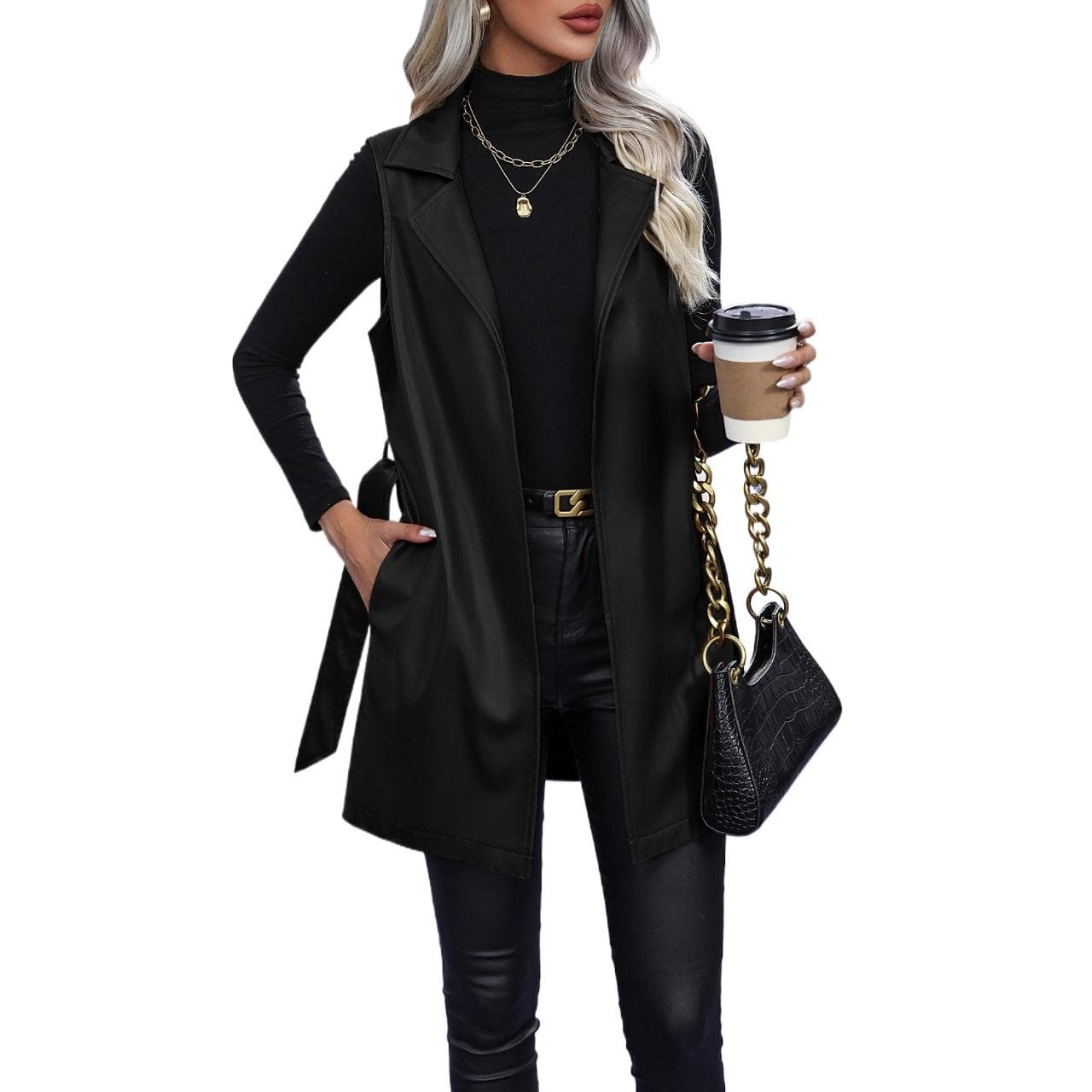 Women PU Leather Vest Female Sleeveless Waistcoat Faux Leather Blazer Plus Size L black
