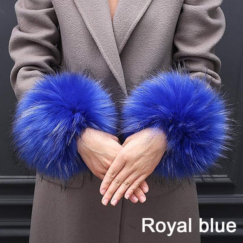 Women Windproof  Elegant Winter Plush Bracelet Faux Fox Fur Cuff Oversleeve Warm Wristband Arms royal blue