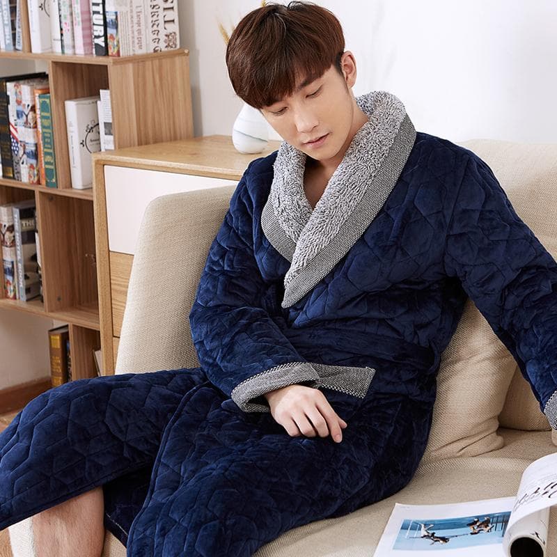 Thick 3 Layers Warm Winter Bathrobe Men Soft Flannel Quilted Long Kimono Bath Robe Male Dressing Gown for Mens Coral Fleece Robe XL