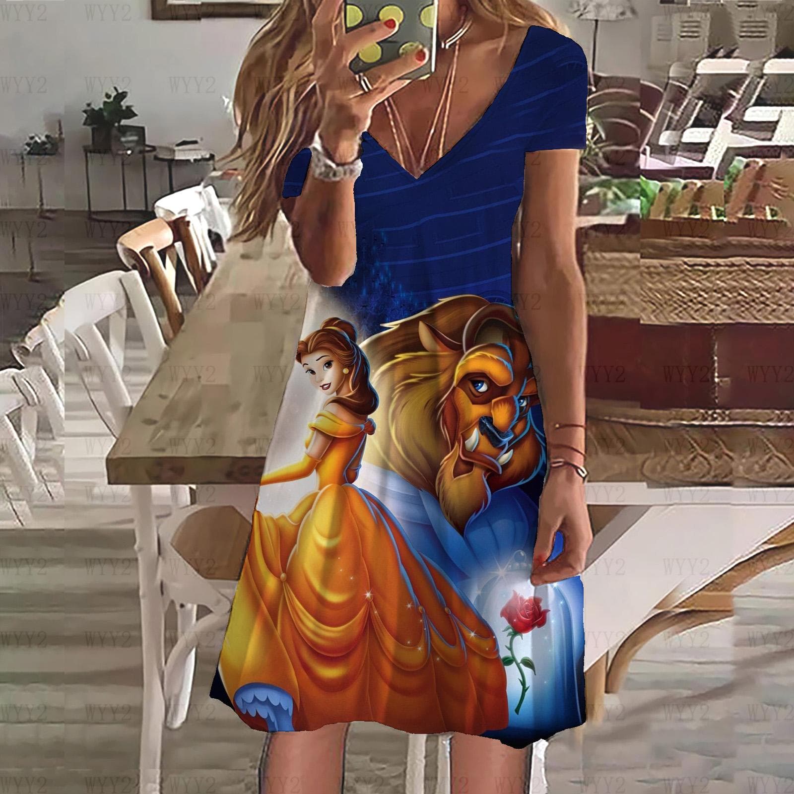 New Dress Disney Beauty and the Beast Print Summer Ladies V Neck Short Sleeve Dress Ladies Clothing Casual Street Style 6XL