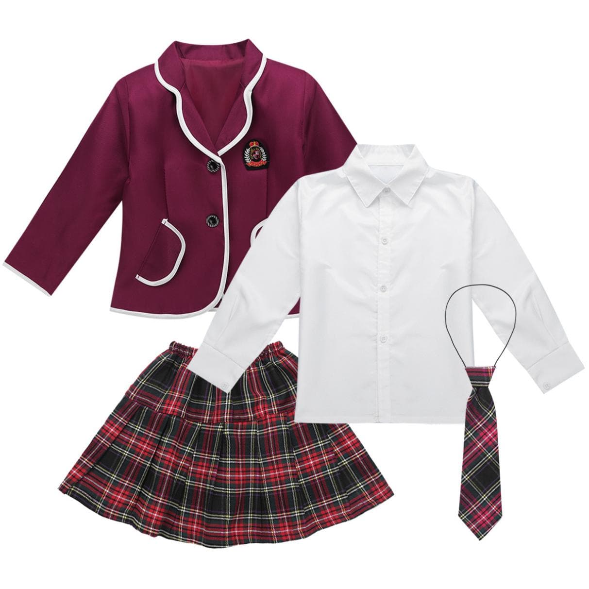 Kids Girls British School Uniform Long Sleeve Wide Lapel Coat with Shirt Tie Mini Skirt Set 10-12 Years burgundy