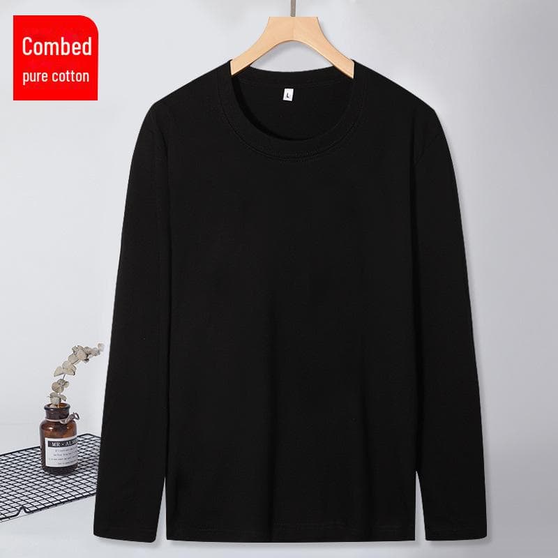 Men's White Cotton Long-Sleeve Crewneck Tee - Loose Fit Solid Color Autumn Top 5XL