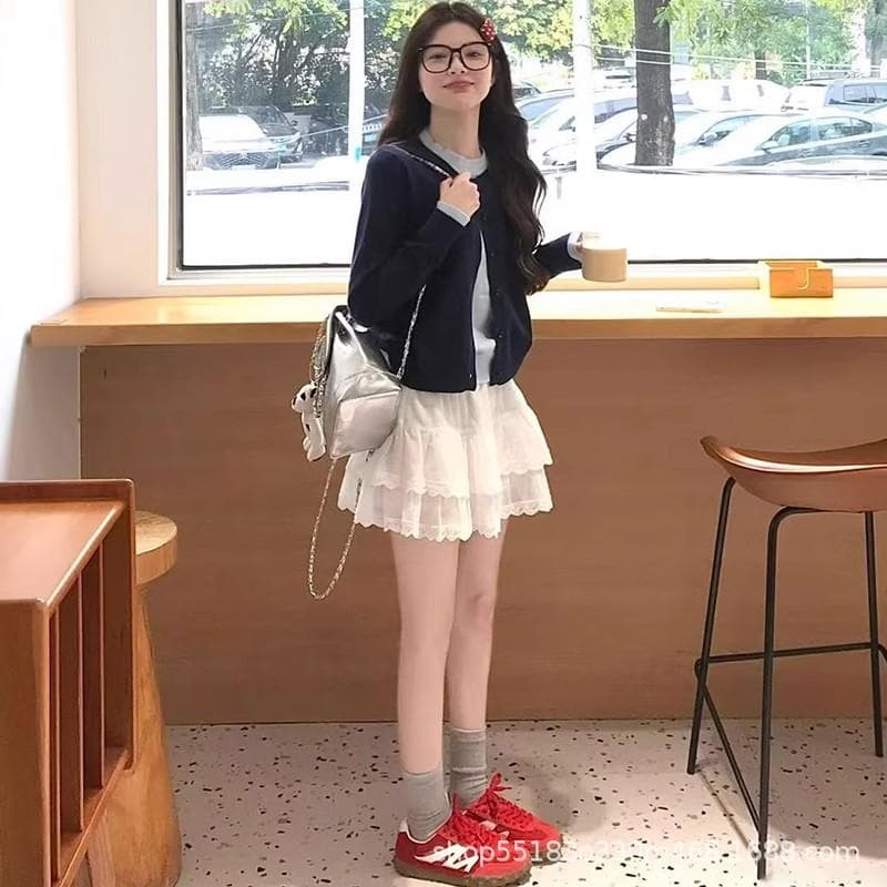 White Lace Cake Short Skirt for Women In Spring and Summer Sweet High Waist Slim Lace A-line Ballet Puffy Skirt L white